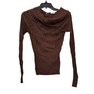 Caché Brown Cowl Neck Sweater Womens M Nylon/Rayon Ribbed Studded Detail Long Sl